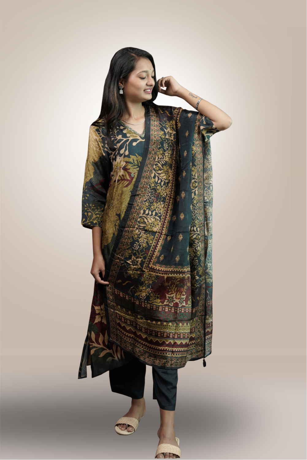 Bottle Green Color Crepe Silk Printed Salwar Kameez