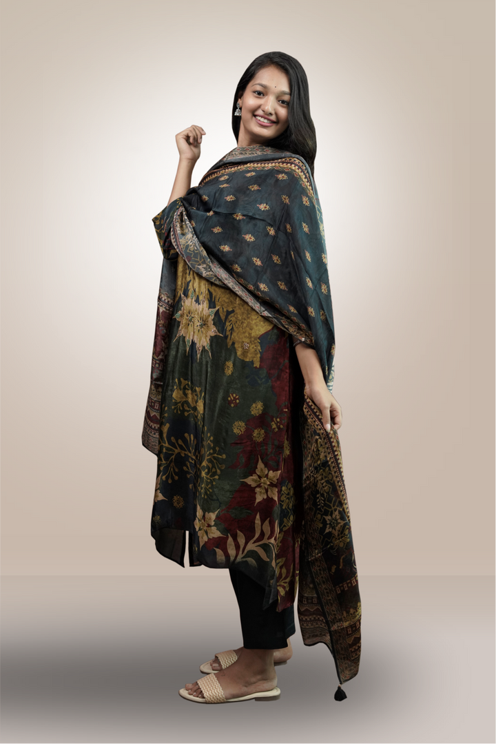 Bottle Green Color Crepe Silk Printed Salwar Kameez