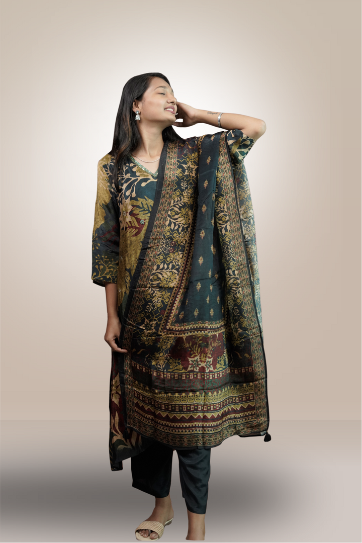 Bottle Green Color Crepe Silk Printed Salwar Kameez