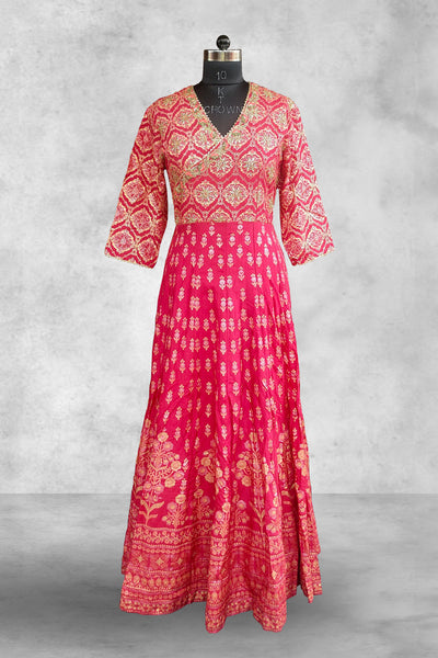 Dark Pink Silk Printed with Embroidered Angrakha Style Gown