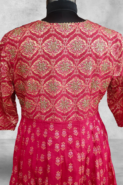 Dark Pink Silk Printed with Embroidered Angrakha Style Gown
