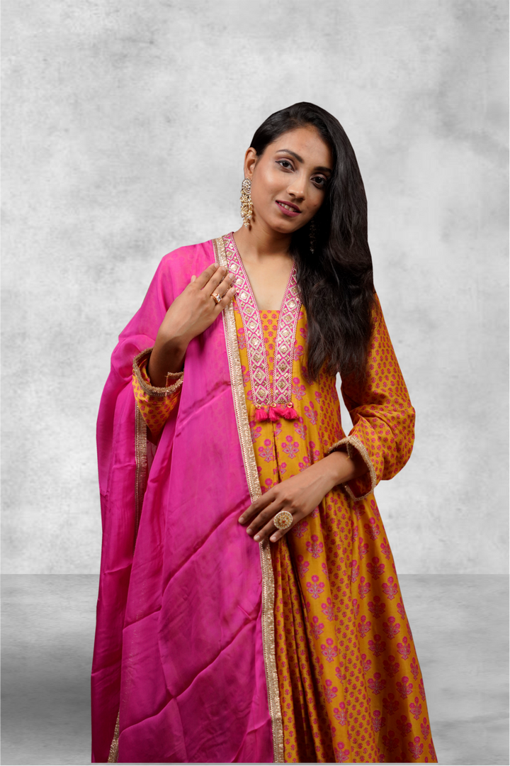 Mustard Color Pink Floral Printed Silk Anarkali Suit