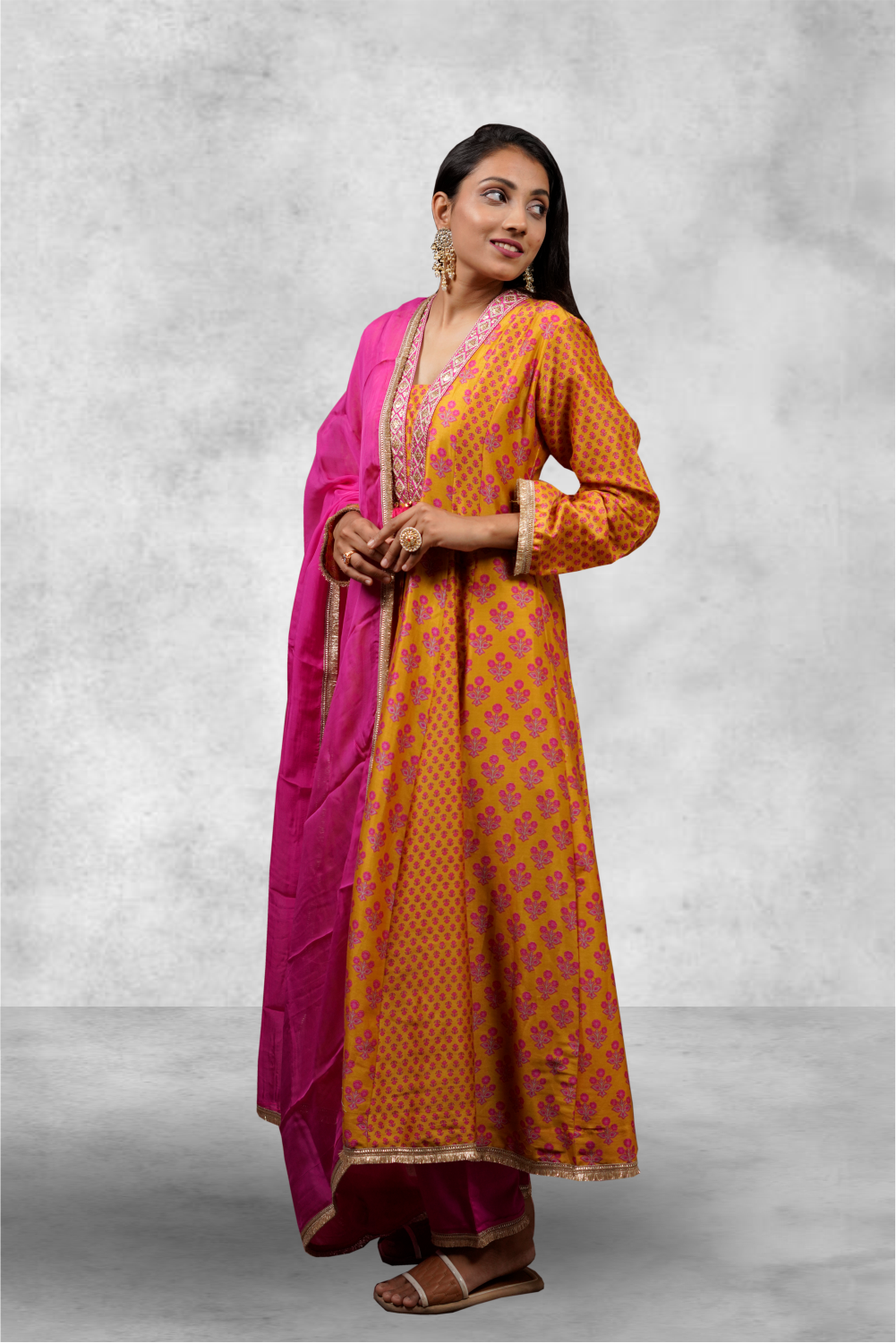 Mustard Color Pink Floral Printed Silk Anarkali Suit