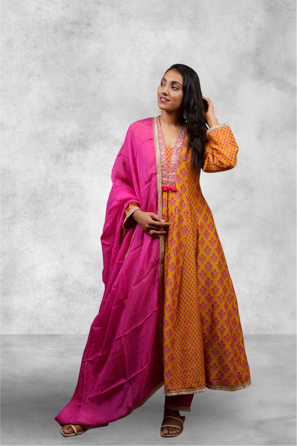 Mustard Color Pink Floral Printed Silk Anarkali Suit