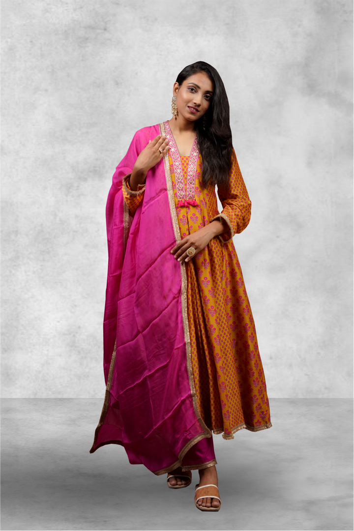 Mustard Color Pink Floral Printed Silk Anarkali Suit