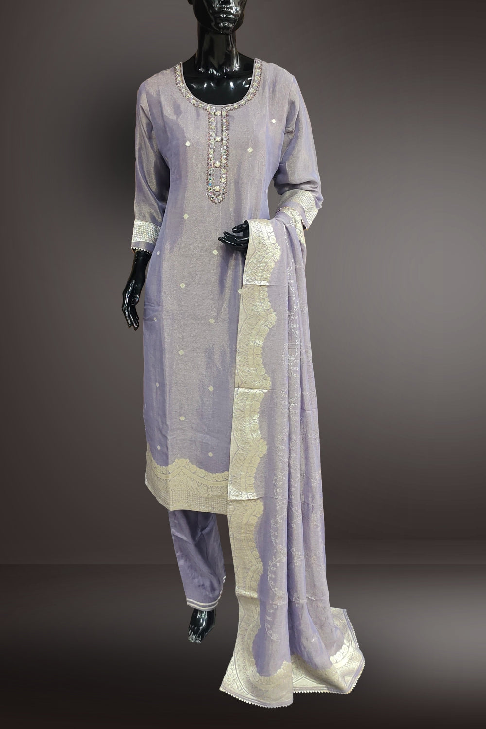 Tissue Silk Zari Weaving with Mirror and Beads Work Salwar Kameez