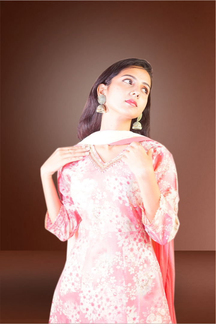 Pink Color Floral Printed Semi Silk Anarkali Suit