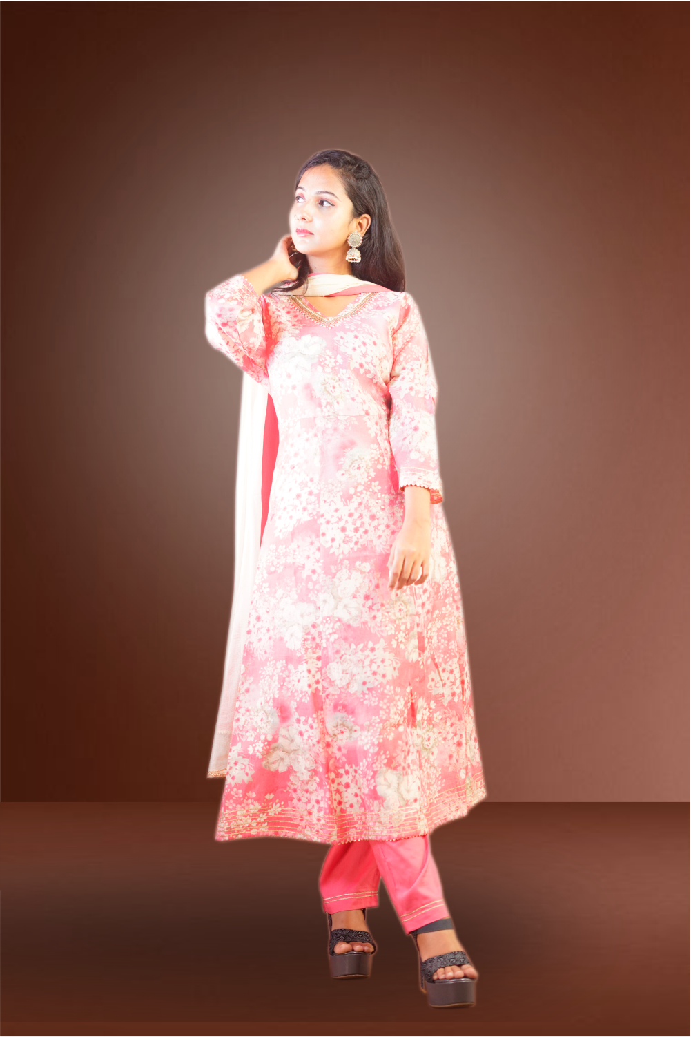 Pink Color Floral Printed Semi Silk Anarkali Suit