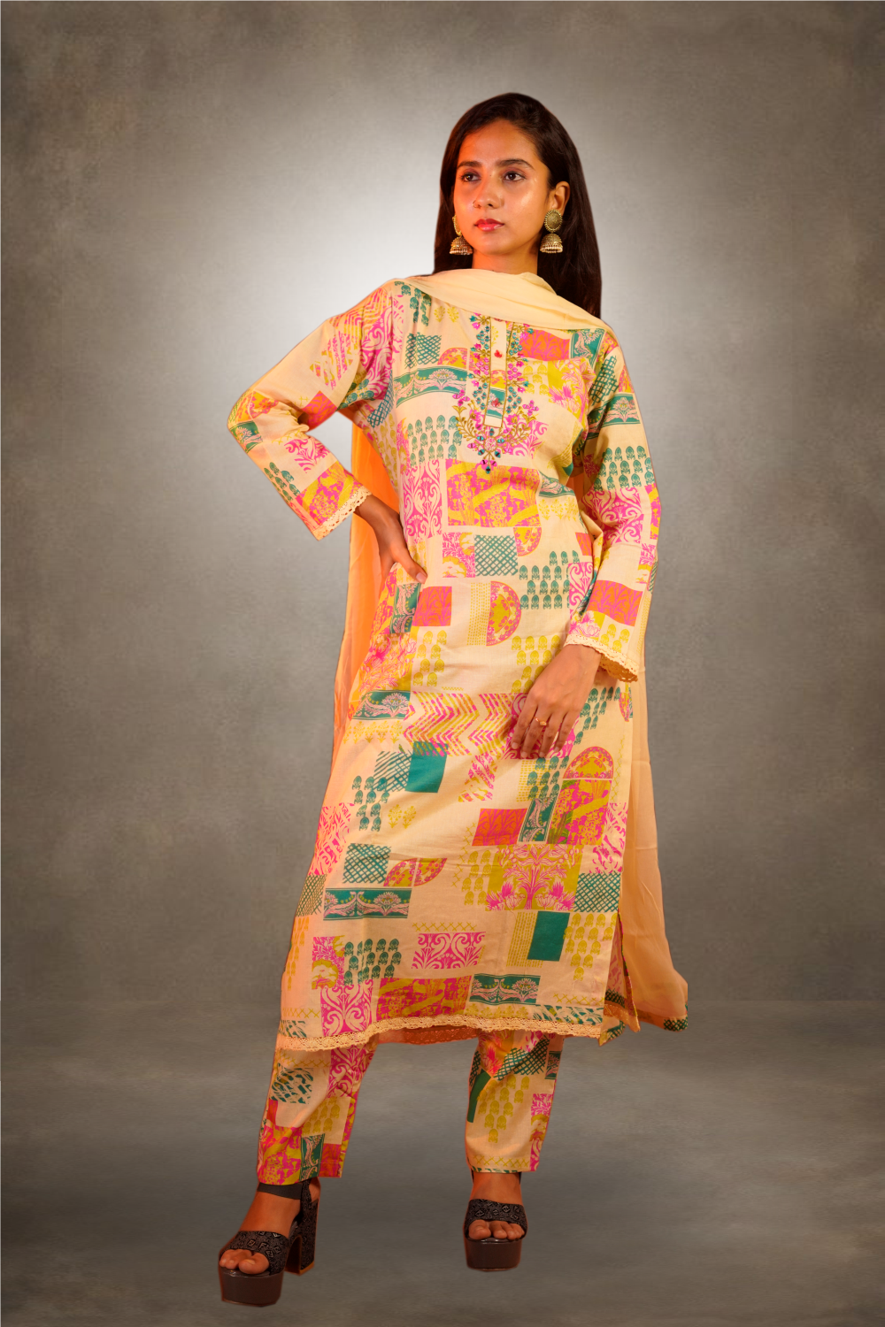 Sandal Color With Printed Straight Cut Salwar Kameez