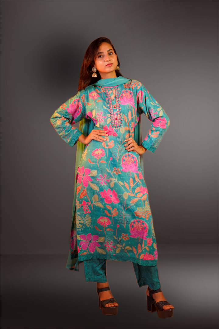 Bondi Blue Color Chanderi Printed Straight Cut Salwar Kameez