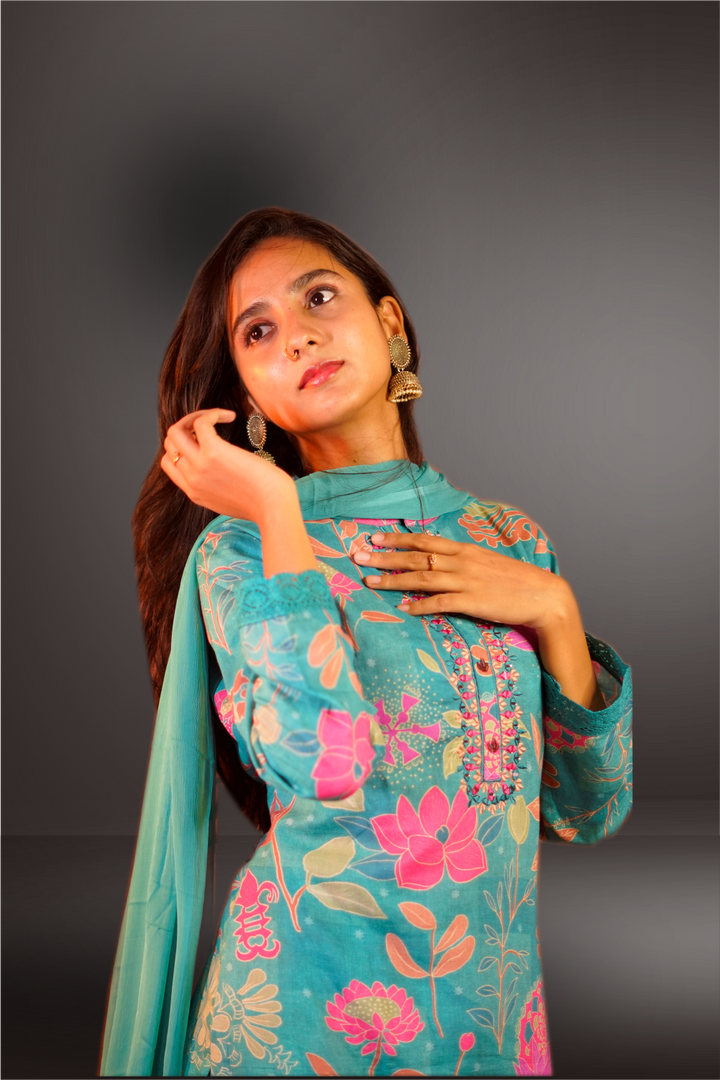 Bondi Blue Color Chanderi Printed Straight Cut Salwar Kameez