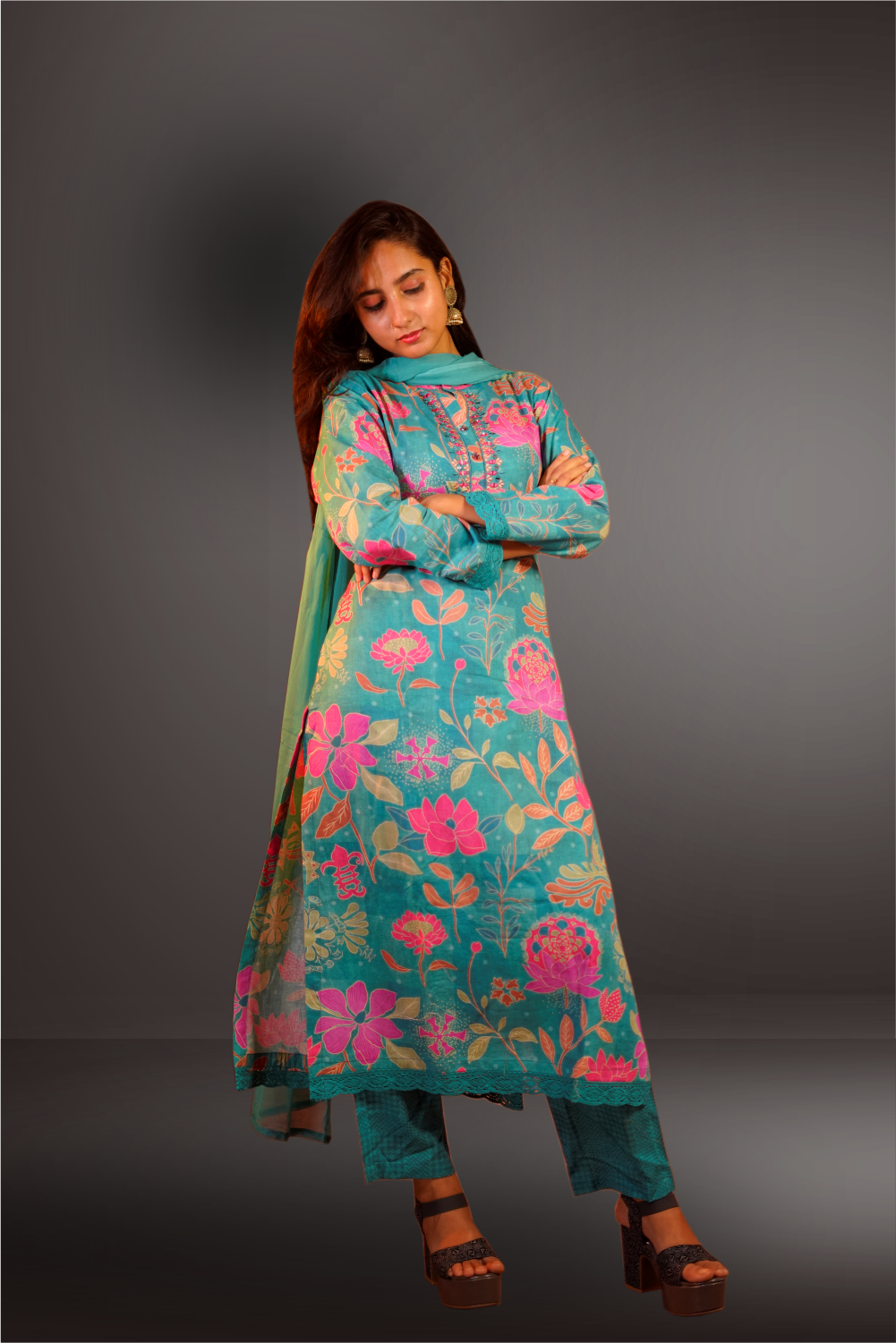 Bondi Blue Color Chanderi Printed Straight Cut Salwar Kameez