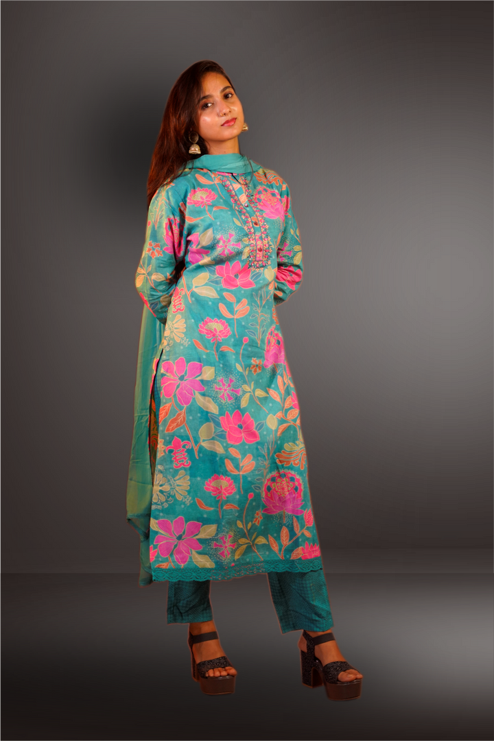 Bondi Blue Color Chanderi Printed Straight Cut Salwar Kameez