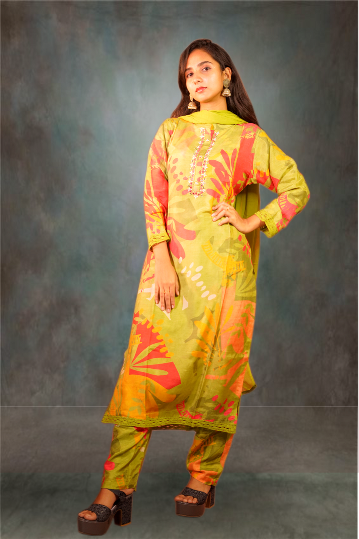 Green Color Cotton Chanderi Printed Straight Cut Salwar Kameez