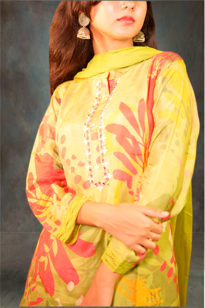 Green Color Cotton Chanderi Printed Straight Cut Salwar Kameez