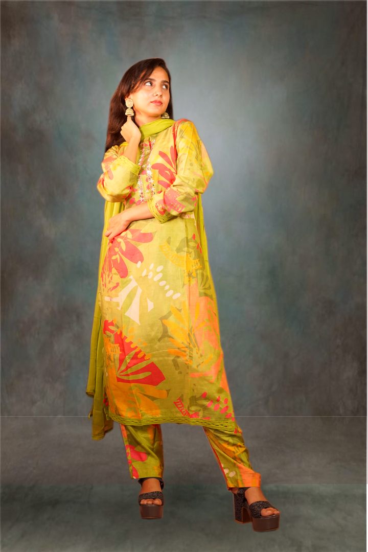 Green Color Cotton Chanderi Printed Straight Cut Salwar Kameez