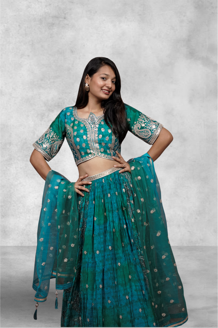 Green Color Jamki & Golden Zari Work With Printed Lehenga