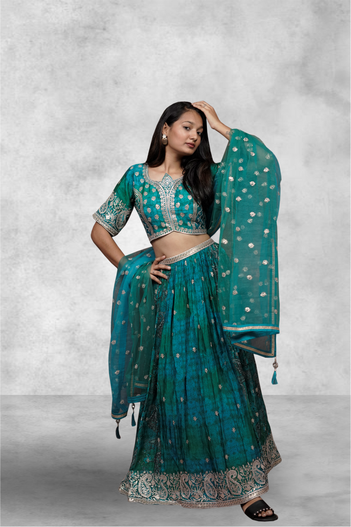 Green Color Jamki & Golden Zari Work With Printed Lehenga