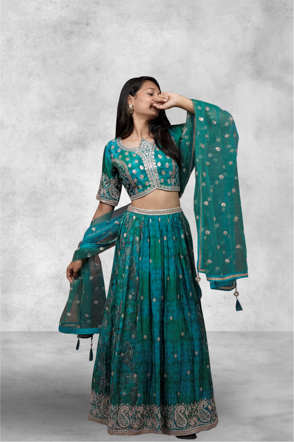 Green Color Jamki & Golden Zari Work With Printed Lehenga