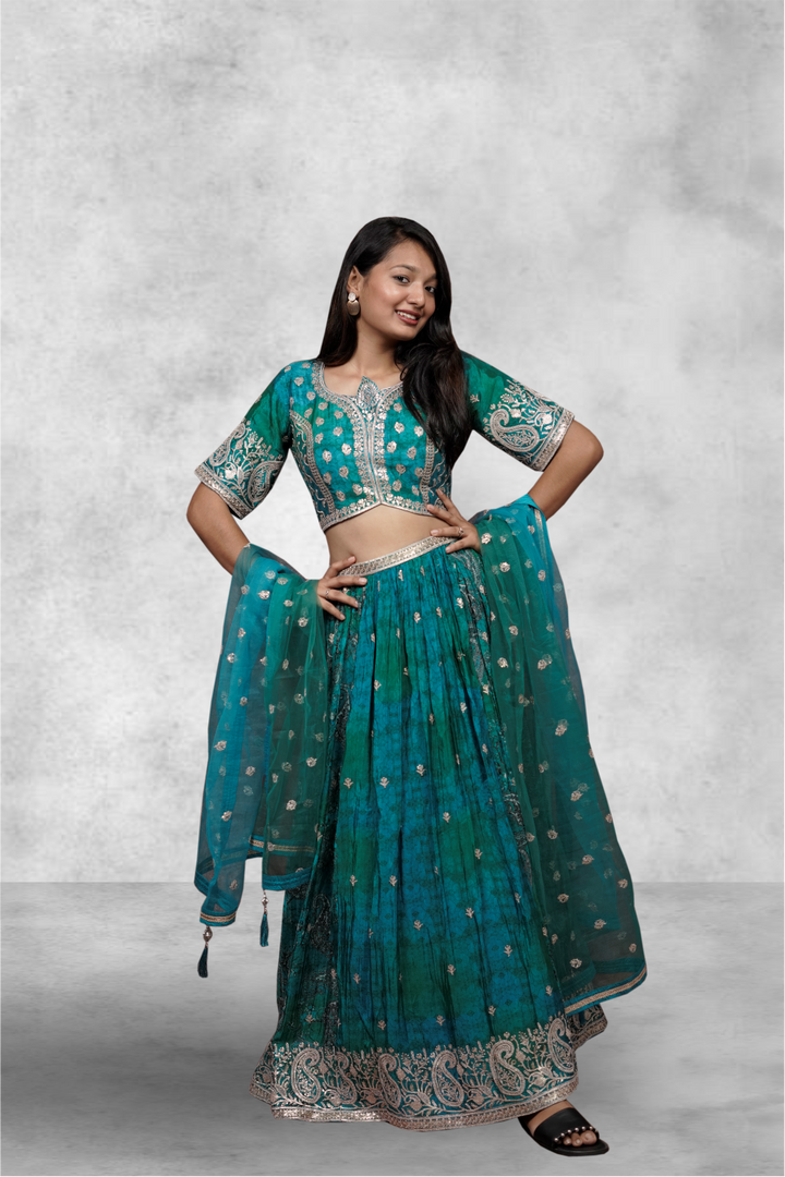 Green Color Jamki & Golden Zari Work With Printed Lehenga