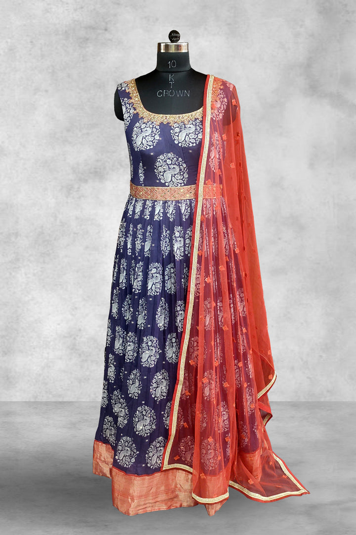 Chanderi Printed with Mirror Embroidered Anarkali Suit