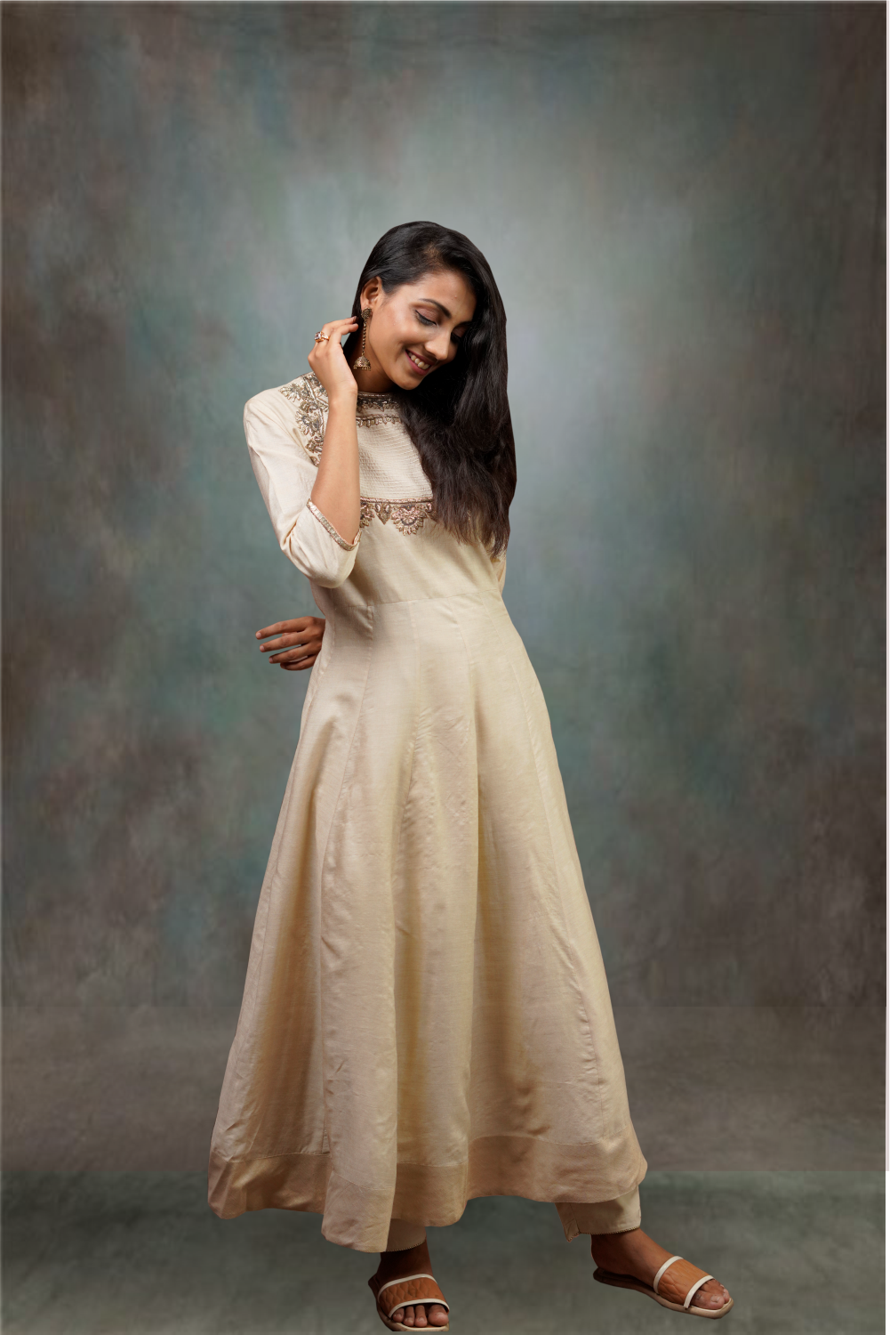 Cream Color Jute Silk Beads Sequins Worked Anarkali Suit