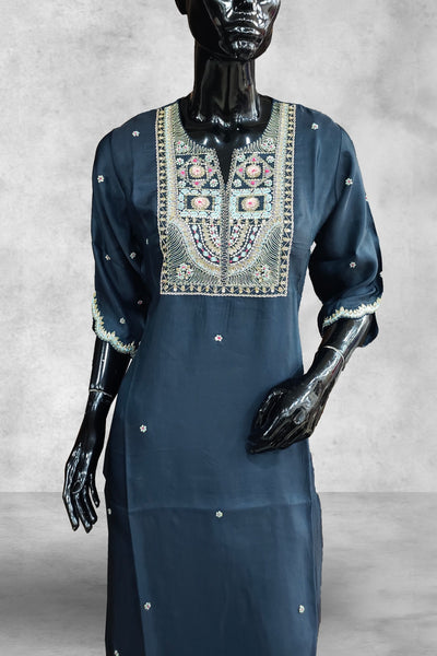 Blue Charcoal Silk Zari with Thread Embroidered Salwar Kameez