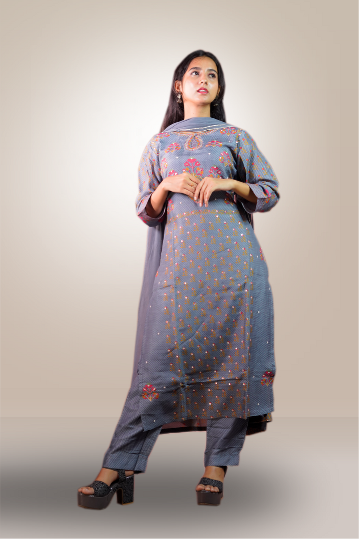 Grey Color Pure Chanderi Silk Printed Salwar Kameez