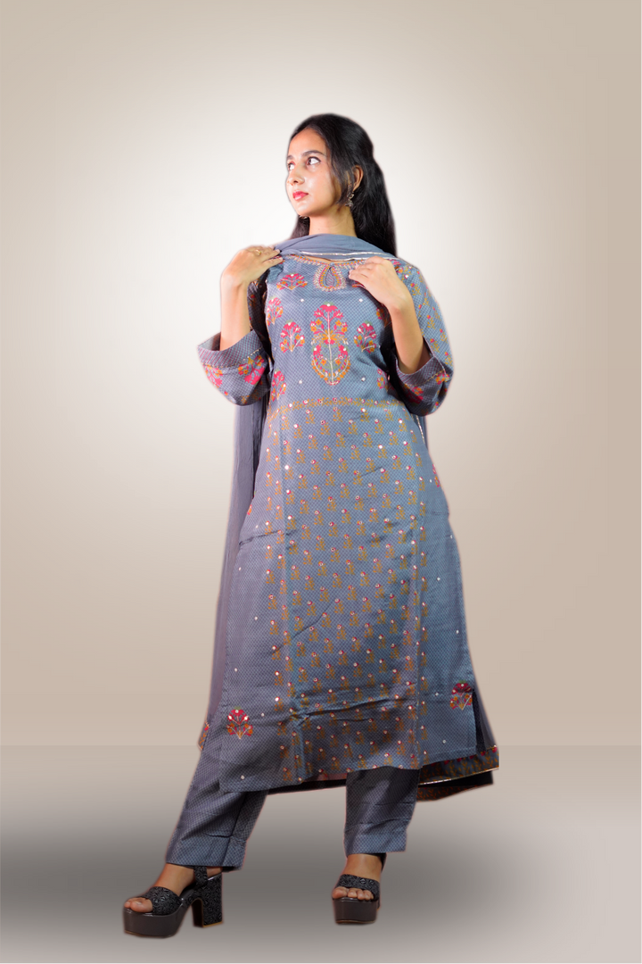 Grey Color Pure Chanderi Silk Printed Salwar Kameez