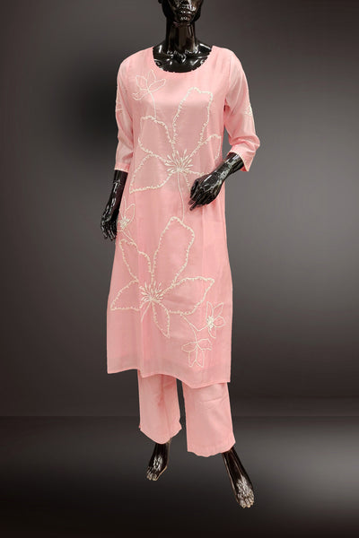 Maheshwari Silk Baby Pink Sequins Pearl Work Salwar Kameez