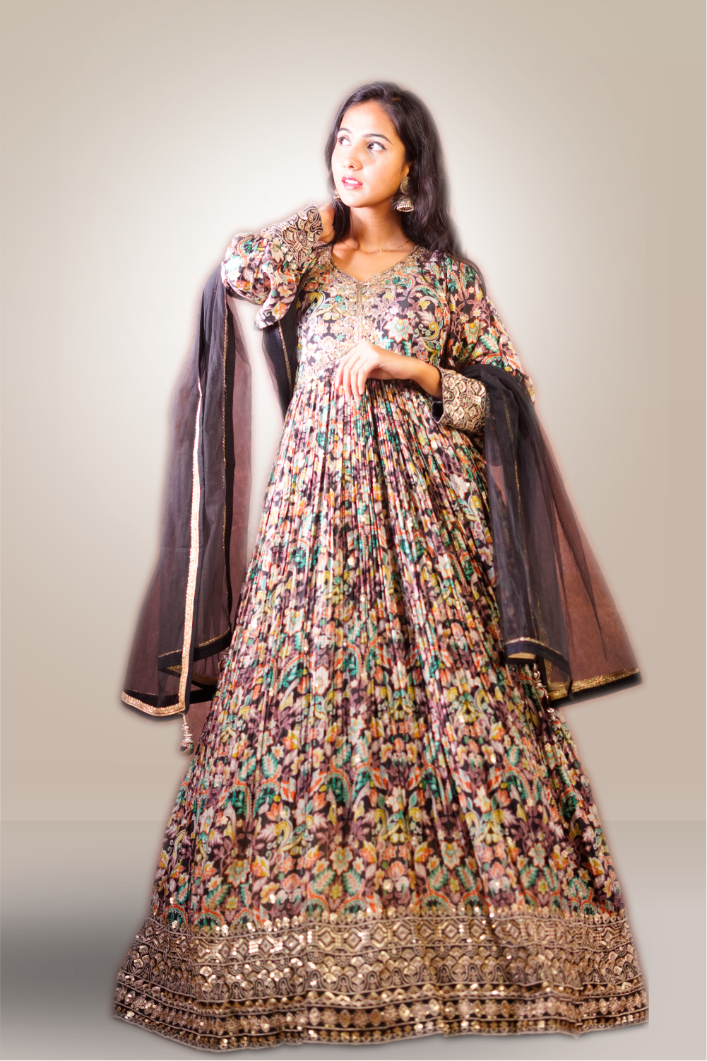 Black Color Cinon Silk Printed  Alia Cut Anarkali Suit