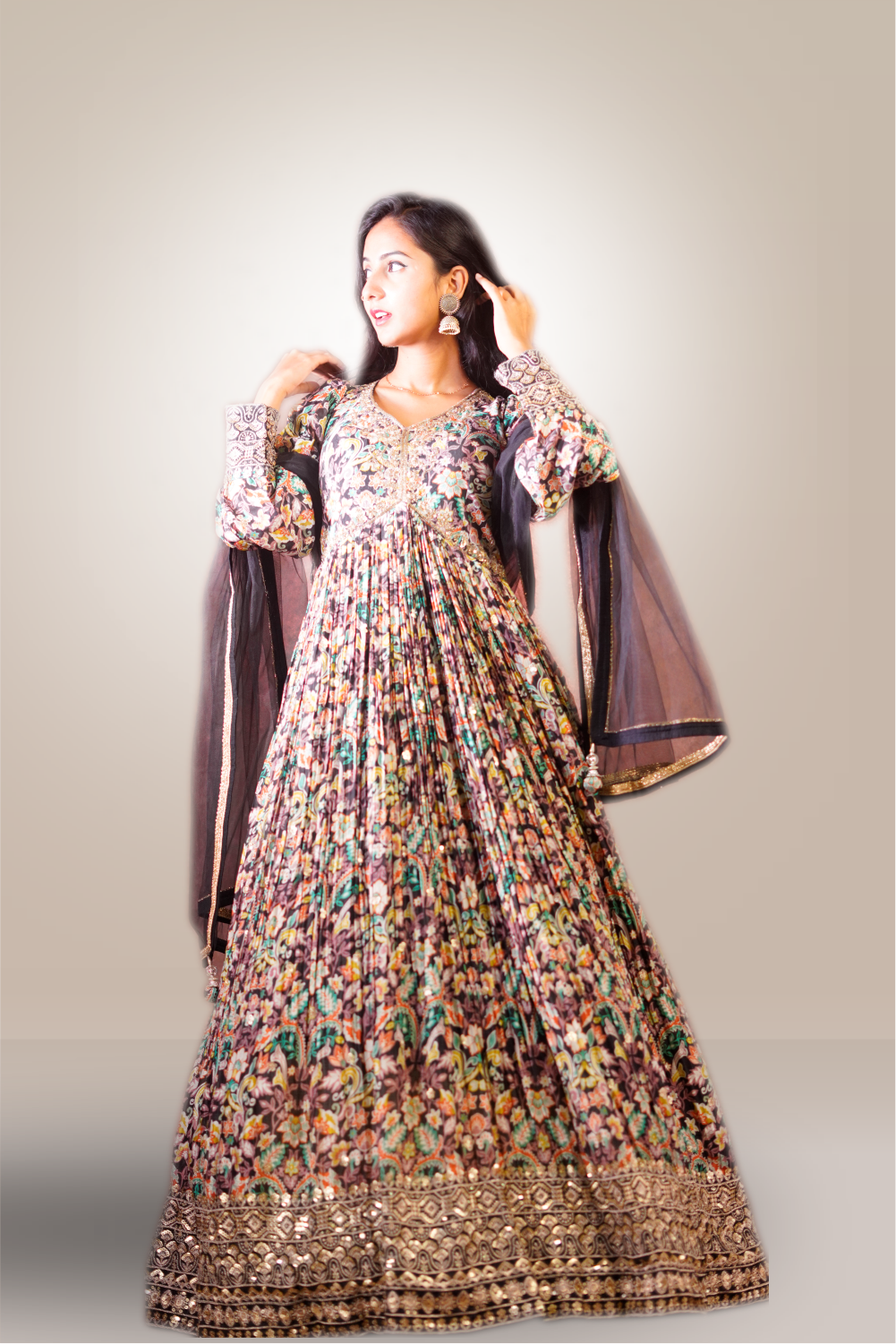 Black Color Cinon Silk Printed  Alia Cut Anarkali Suit