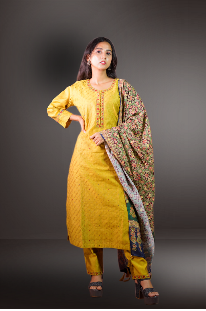 Yellow Color Semi Silk Thread Embroidered Salwar Kameez