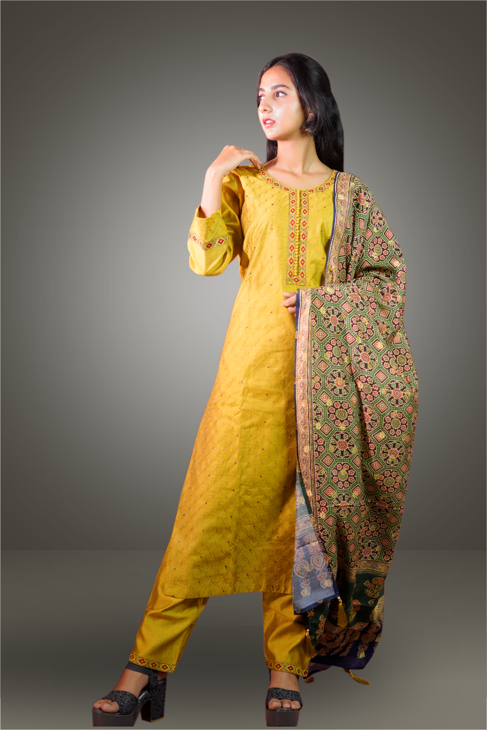 Yellow Color Semi Silk Thread Embroidered Salwar Kameez