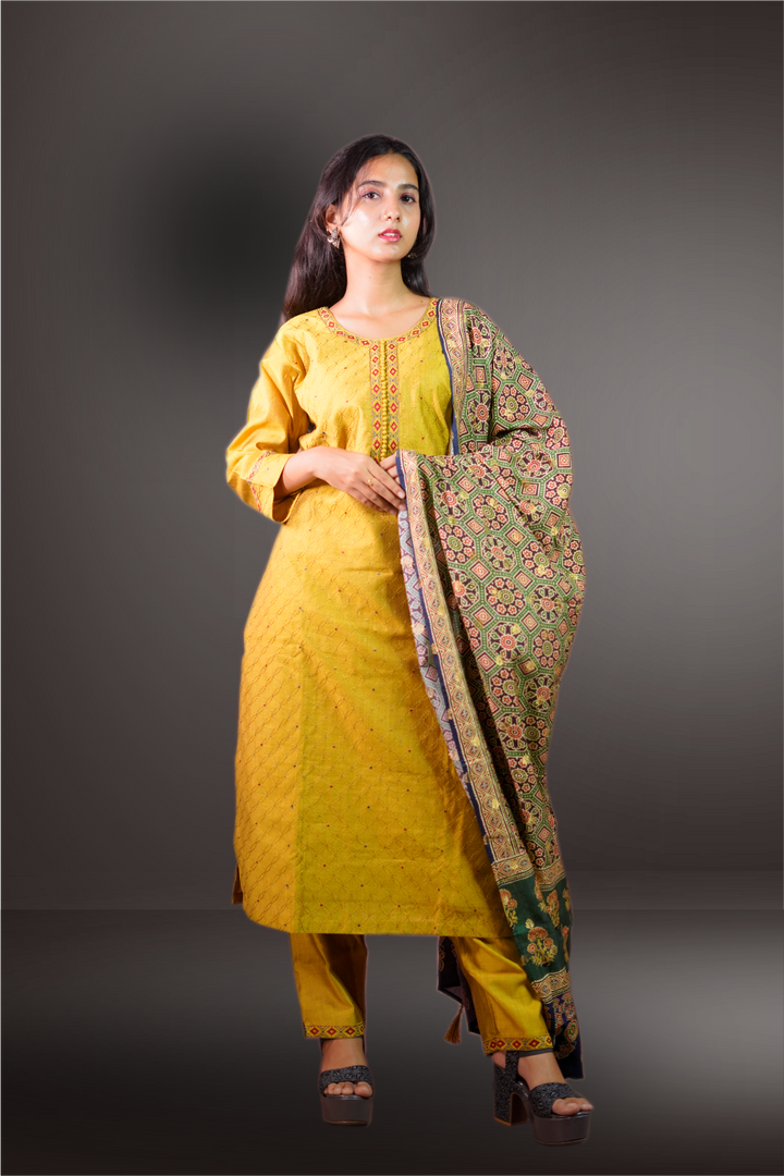 Yellow Color Semi Silk Thread Embroidered Salwar Kameez