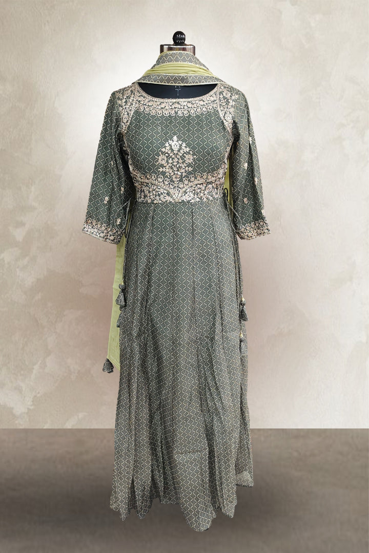Olive Green Chanderi Printed with Embroidered Anarkali Suit