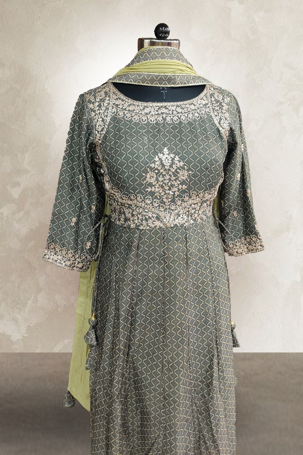 Olive Green Chanderi Printed with Embroidered Anarkali Suit