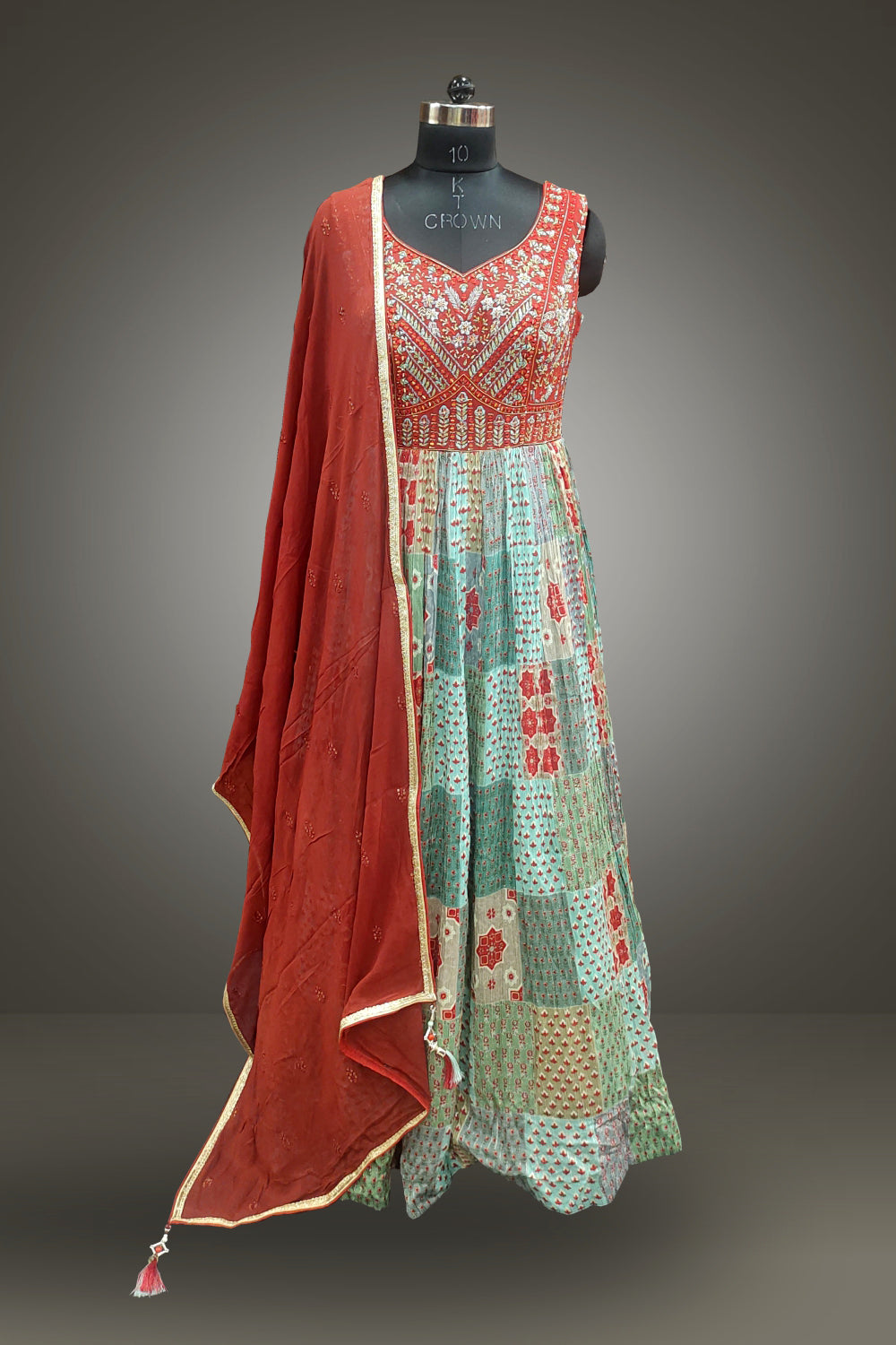 Silk Printed with Mirror Embroidered and Stone Work Anarkali Suit