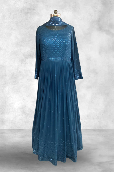 Ink Blue Georgette Sequins Embroidered Anarkali Suit