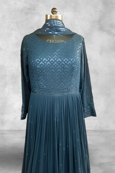 Ink Blue Georgette Sequins Embroidered Anarkali Suit