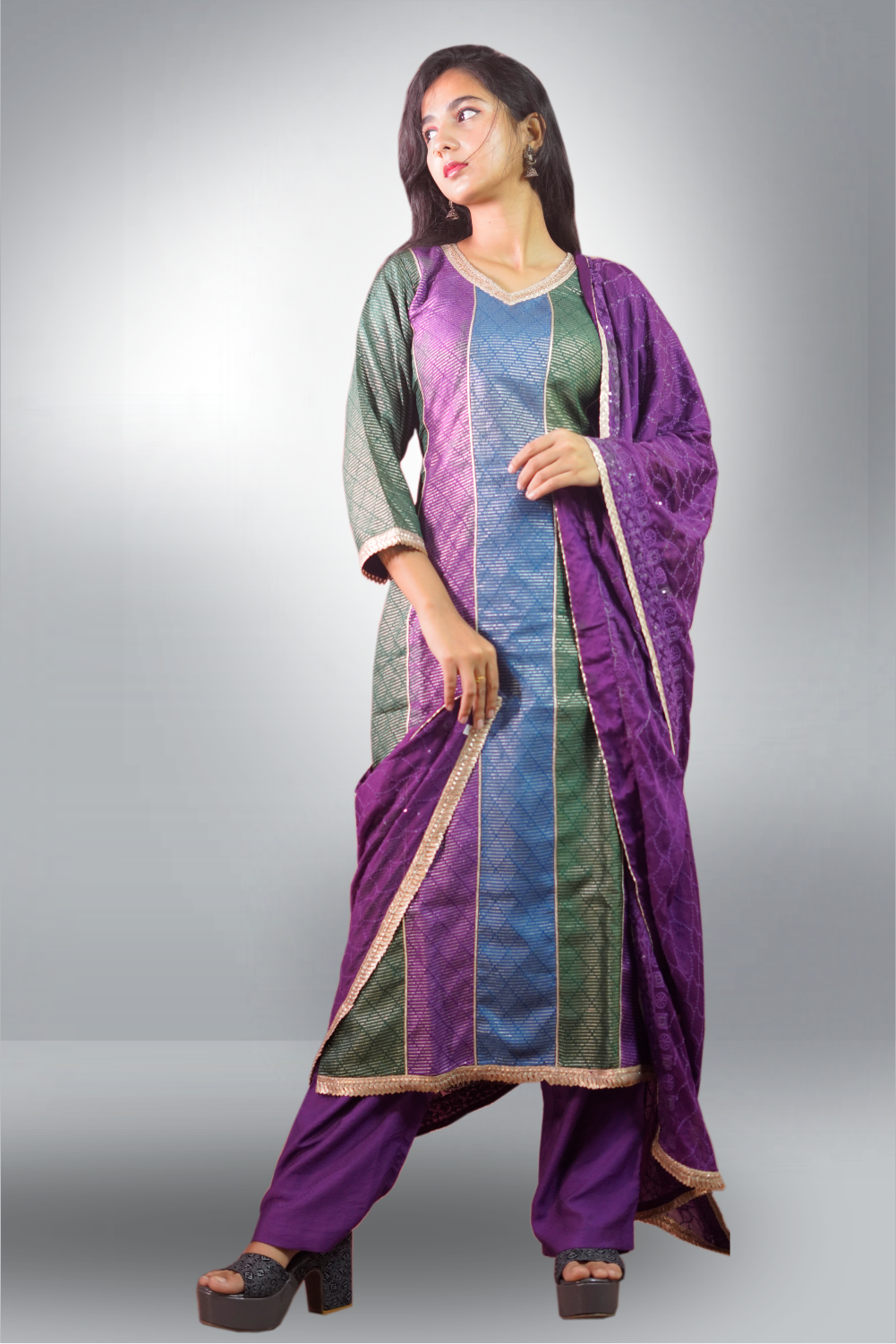 Multicolor Silk Zari Weaving Worked Salwar Kameez