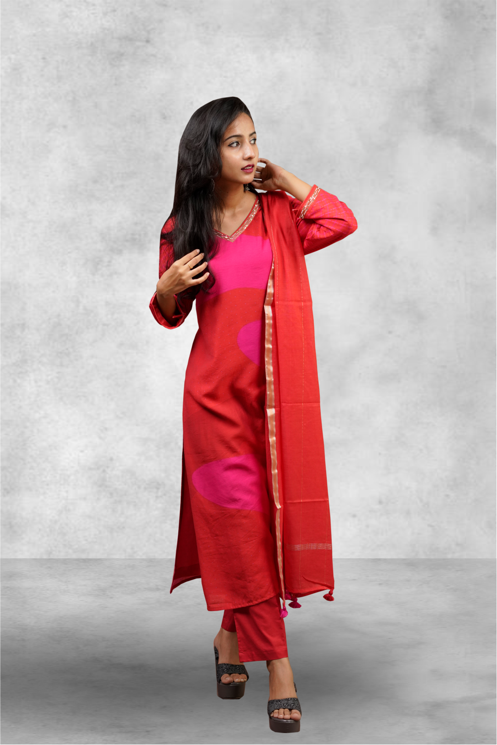 Red & Pink Cotton Printed Salwar Kameez