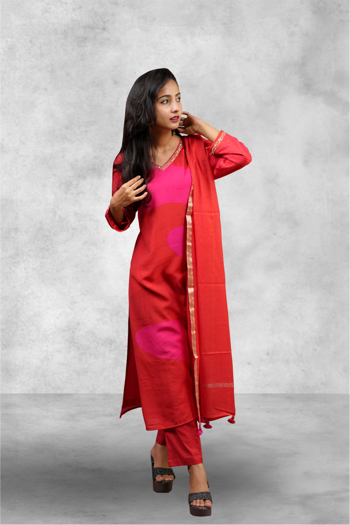 Red & Pink Cotton Printed Salwar Kameez