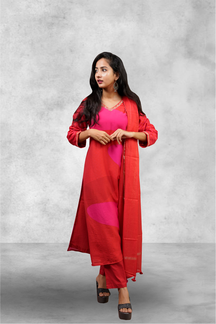 Red & Pink Cotton Printed Salwar Kameez