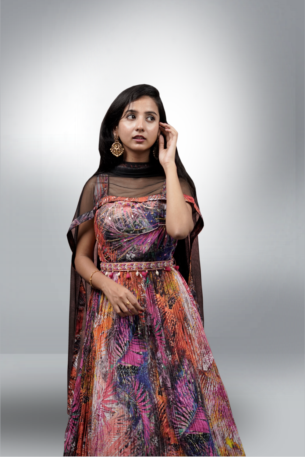 Multicolor Silk Beads Work On Colourful Printed Anarkali Suit