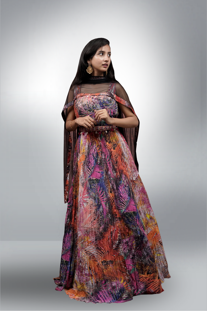 Multicolor Silk Beads Work On Colourful Printed Anarkali Suit