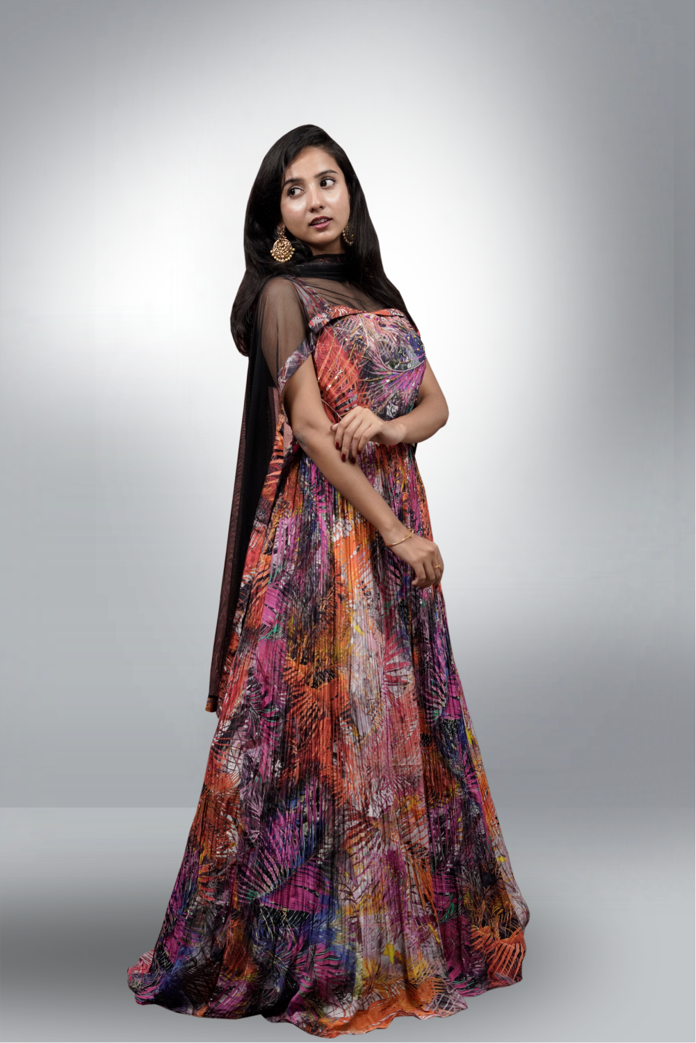 Multicolor Silk Beads Work On Colourful Printed Anarkali Suit