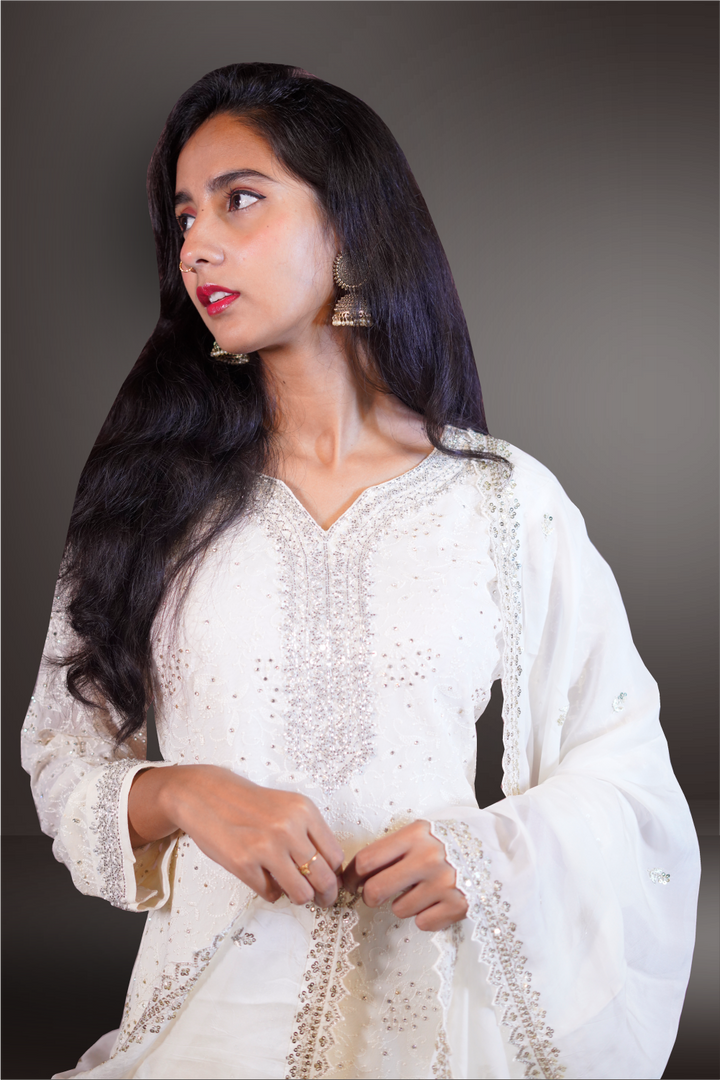 White Color Chiffon Full Worked Salwar Kameez