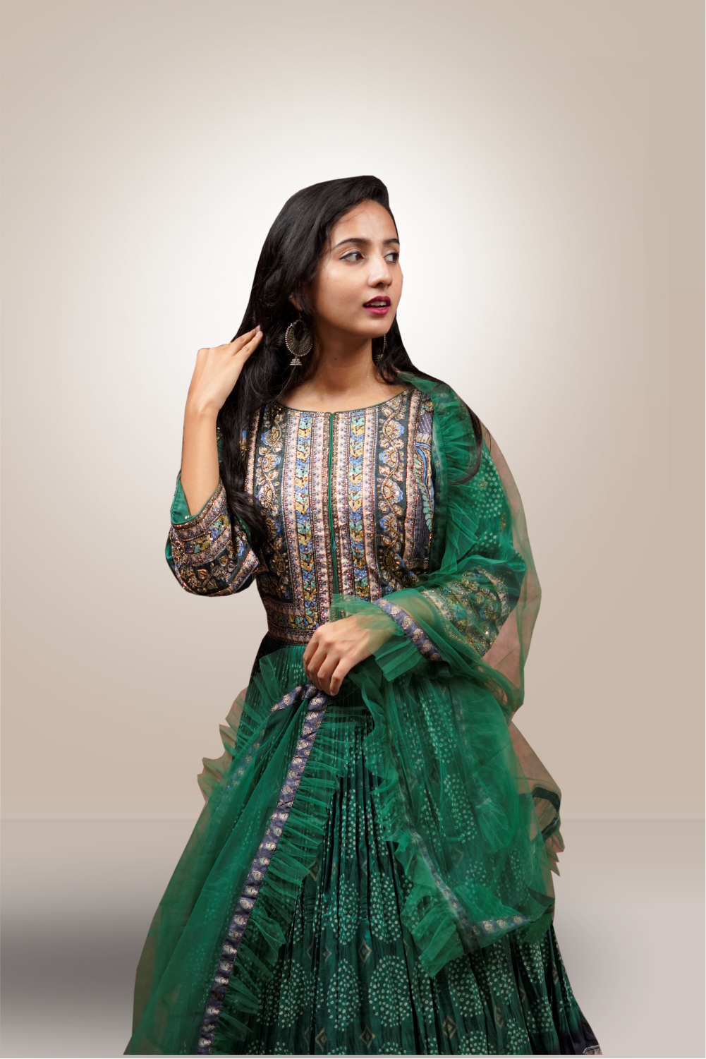 Green Color Silk Bandhini Designed Worked Anarkali Suit