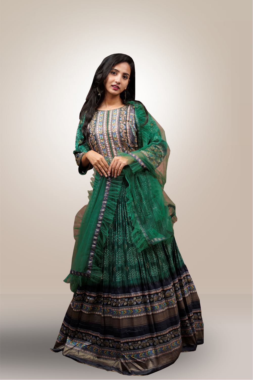 Green Color Silk Bandhini Designed Worked Anarkali Suit